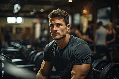 Athlete focused on weight survey surrounded by gym equipment., generative IA