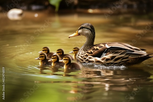 A mom duck with her ducklings swimming in a pond. Generative AI