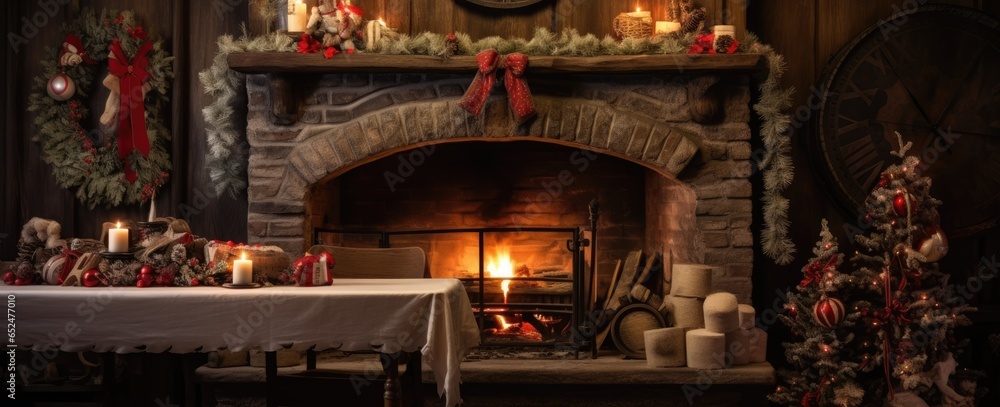 A festive fireplace with a clock and Christmas decorations
