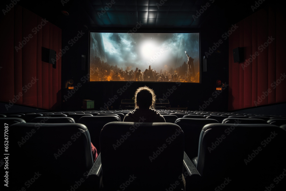 Movie fan watching a film on a big screen in a dimly lit theater - obrazy, fototapety, plakaty 