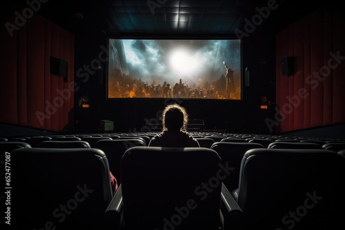 Movie fan watching a film on a big screen in a dimly lit theater