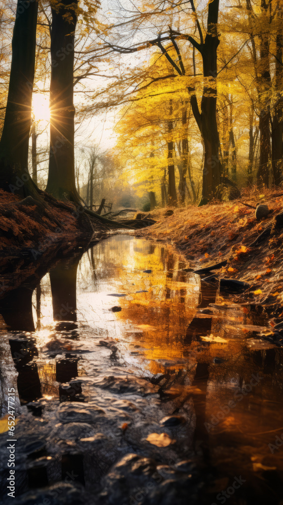 A serene forest stream surrounded by lush trees A serene forest stream surrounded by lush trees