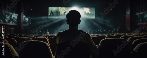 Movie fan watching a film on a big screen in a dimly lit theater