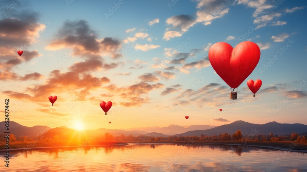 Fototapeta premium Heart-shaped hot air balloons in the sky