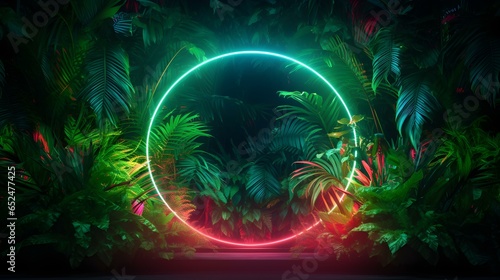 Wallpaper Mural Green Neon Circle surrounded by Tropical Leaves. Exotic Backdrop with Copy Space Torontodigital.ca