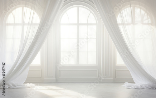Living room with almost transparent white curtains covering the windows. Delicate fabric curtains in an ethereal atmosphere gently filtering the sunlight.