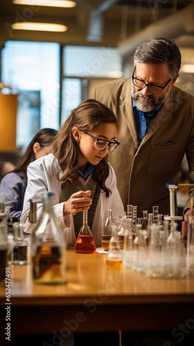 Teacher instructing students in a science lab
