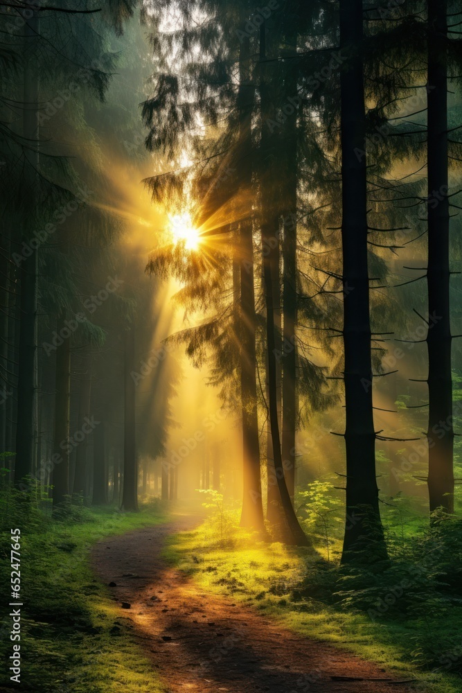 Tranquil misty autumn forest with sun rays Tranquil misty autumn forest with sun rays