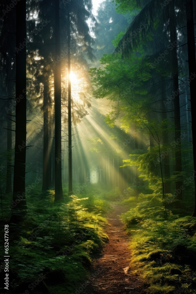 Obraz premium Tranquil misty autumn forest with sun rays