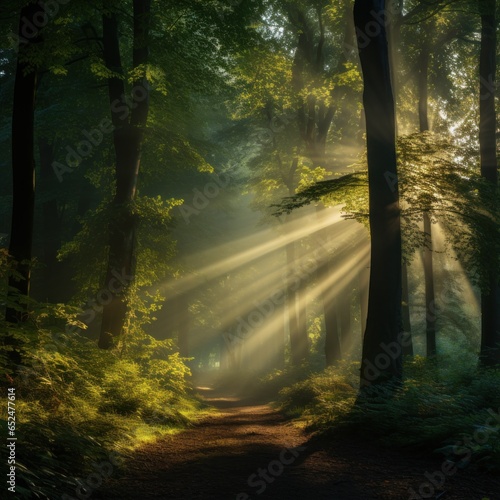 Tranquil misty autumn forest with sun rays © olegganko