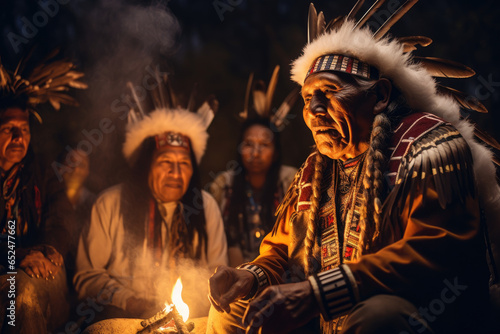 Fotografie, Obraz Native American elder sharing traditional stories around a campfire