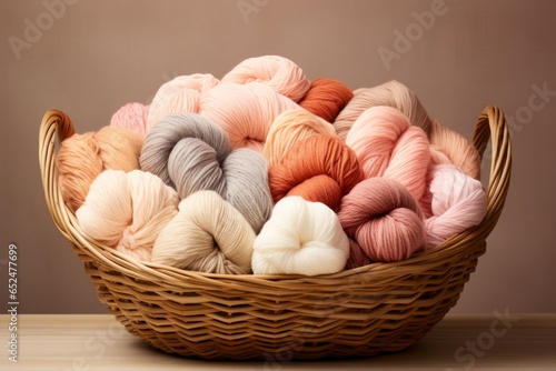 Basket full of colorful yarn wool balls. Pastel colors