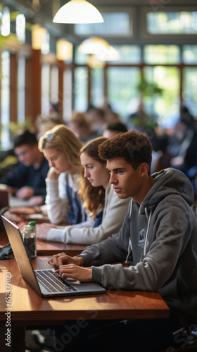 Group of students using laptops in library