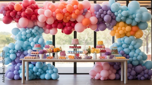 Colorful balloon arches over dessert table