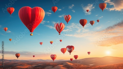 Heart-shaped hot air balloons in the sky