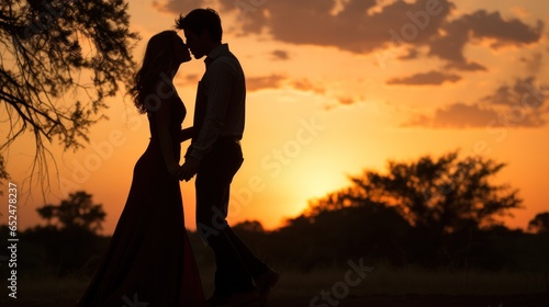 Couple sharing a kiss in front of sunset