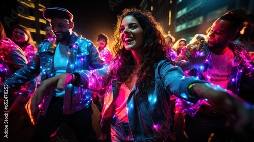 People dancing with glowing neon accessories