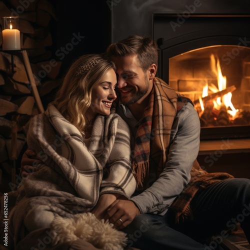 Couple sitting by the fireplace, cuddling