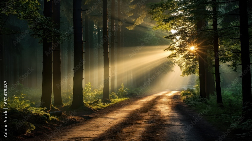 Fototapeta premium Tranquil misty autumn forest with sun rays