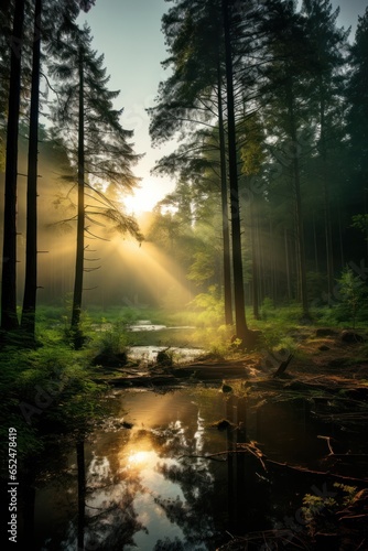 Ranquil misty forest with sun rays © olegganko