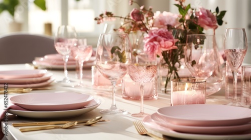 Festive table setting with gold and pink accents