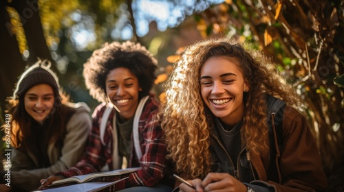 Diverse group of students studying together outdoors