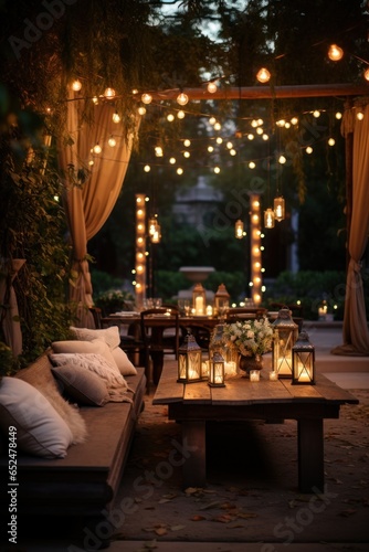 Outdoor string lights and cozy seating area