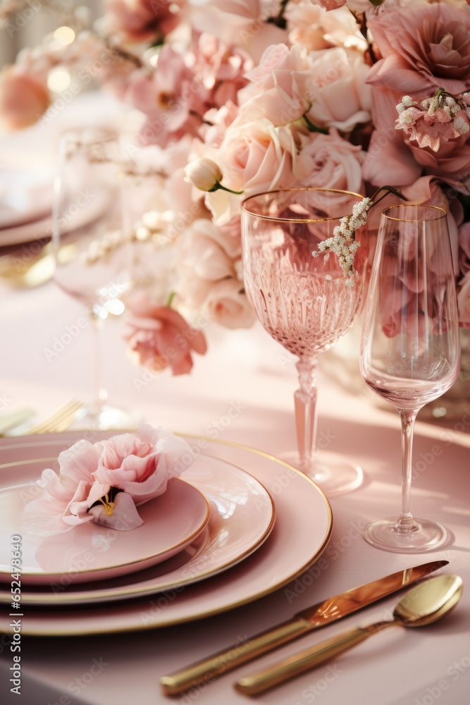 Festive table setting with gold and pink accents