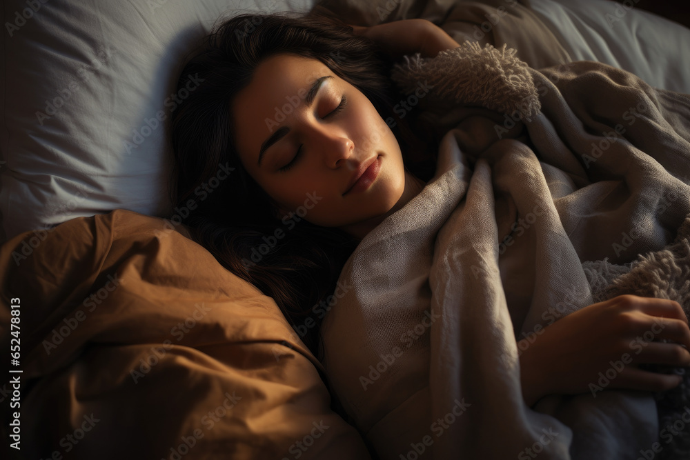 Woman sleeping peacefully in a cozy bed with soft lighting and comfortable bedding Woman sleeping peacefully in a cozy bed with soft lighting and comfortable bedding