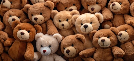 Full frame image of many teddy bears squeezing each other and squinting