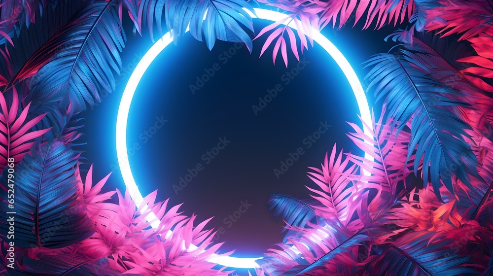 Light Blue Neon Circle surrounded by Tropical Leaves. Exotic Backdrop with Copy Space