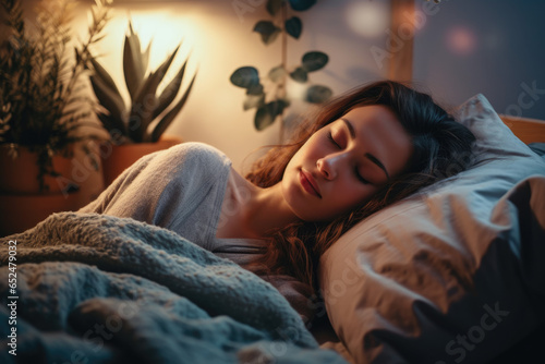 Woman sleeping peacefully in a cozy bed with soft lighting and comfortable bedding photo