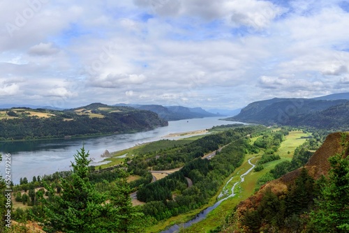 Highway Harmony: Columbia River Gorge with Mountain Views and Freeway Traffic in 4K Image
