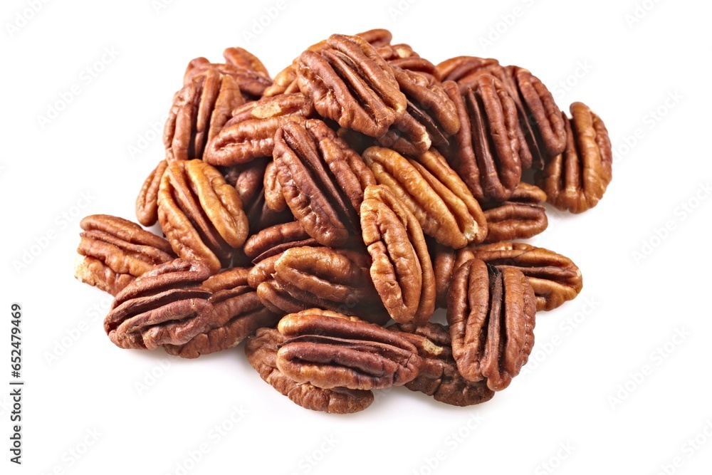Top View Close-Up: 4K Image of Fresh Pecan Nuts on a Clean White Background Top View Close-Up: 4K Image of Fresh Pecan Nuts on a Clean White Background