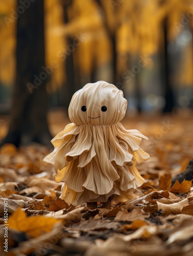 Happy cartoon ghost walking in the autumn forest or park among yellow leaves, AI
