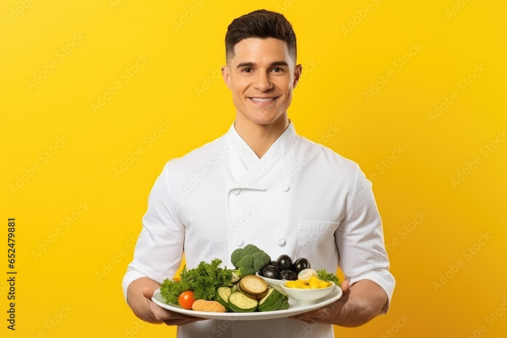 handsome man Holding a Tray with Fresh Vegetables on yellow Background handsome man Holding a Tray with Fresh Vegetables on yellow Background