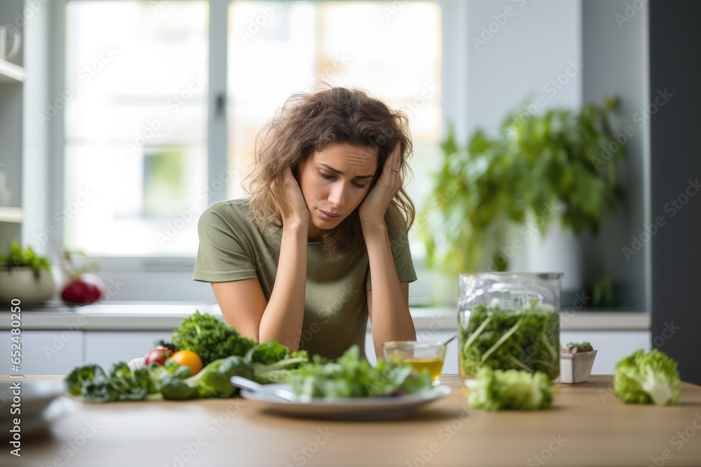 Woman with a plate of green salad on table in kitchen is depressed during dieting. The concept of negative consequences of a strict diet Woman with a plate of green salad on table in kitchen is depressed during dieting. The concept of negative consequences of a strict diet