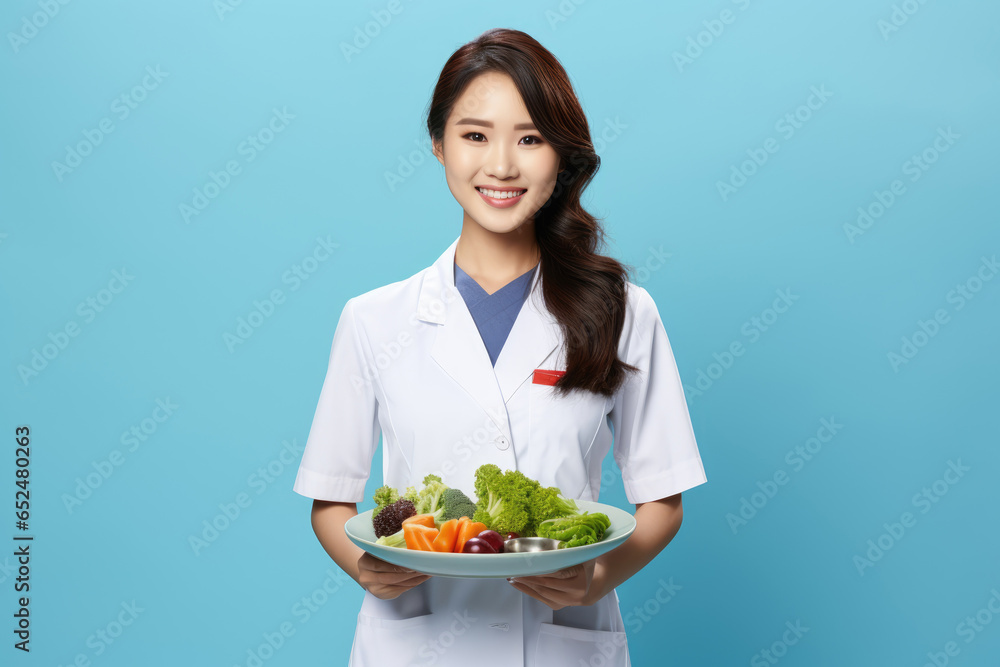 Young Beautiful Asian Doctor Nutritionist Holding a Tray with Fresh Vegetables on Blue Background Young Beautiful Asian Doctor Nutritionist Holding a Tray with Fresh Vegetables on Blue Background