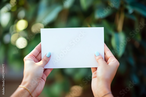 Close up of hands holding a blank white card, invitation card, postcard