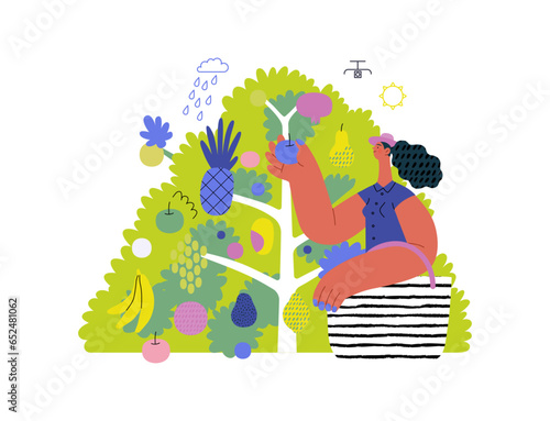 Greenery, ecology -modern flat vector concept illustration of a woman gathering fruit from the 40 fruit tree. Metaphor of environmental sustainability and protection, closeness to nature