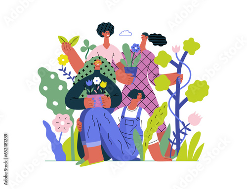 Greenery, ecology -modern flat vector concept illustration of people surrounded by plants and flowers. Metaphor of environmental sustainability and protection, closeness to nature
