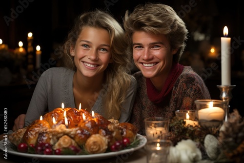 Thanksgiving Togetherness  Newlyweds Cherish a Festive Feast of Gratitude.AI generated
