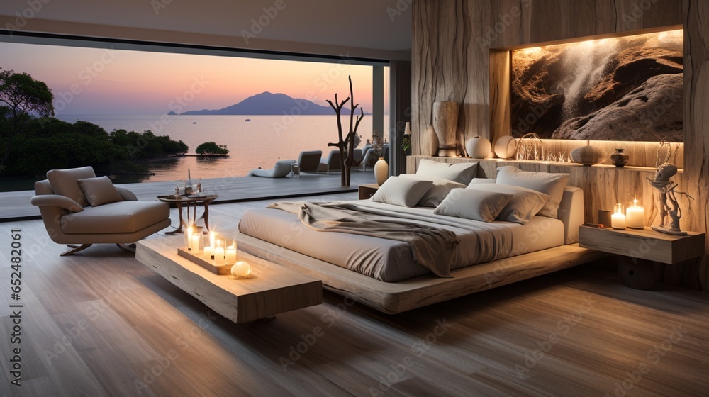 Minimalist interior design defines the modern bedroom, offering a serene atmosphere with a sea view - obrazy, fototapety, plakaty 