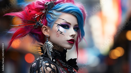 modern japanese woman with crazy jewelry and punk hairstyle