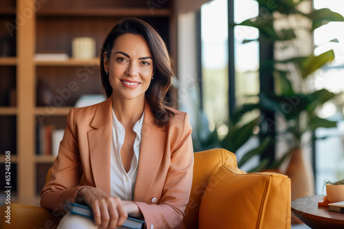 portrait of a therapist smiling, sitting in a sofa, in a cosy room