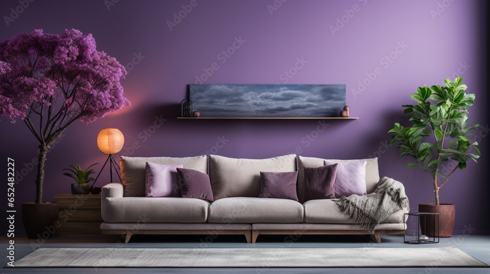 Minimalist interior design of a modern living room with a sofa and pouf covered with a blanket against a purple wall with ample copy space - obrazy, fototapety, plakaty 