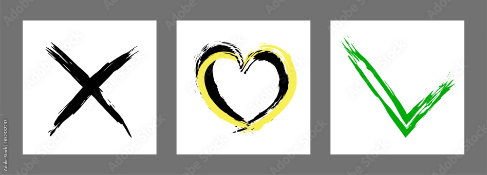 The cross, heart and OK symbol are hand-drawn with a brush. Prohibition, denial, error. Love. Approval, consent. Vector, set of 3 characters The cross, heart and OK symbol are hand-drawn with a brush. Prohibition, denial, error. Love. Approval, consent. Vector, set of 3 characters