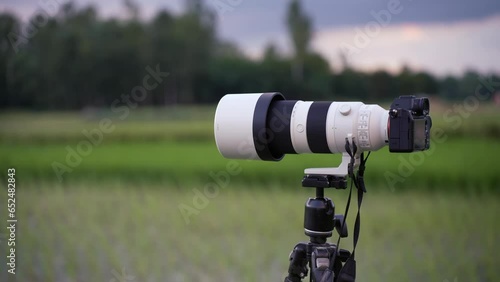 A 200-600mm zoom lens with camera on stand ready for shooting. This versatile lens is perfect for wildlife, sports, travel, nature, and landscape photography. photo