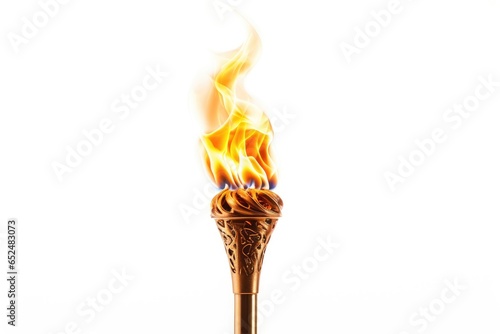 A golden torch with intricate designs, burning brightly against a white background.
