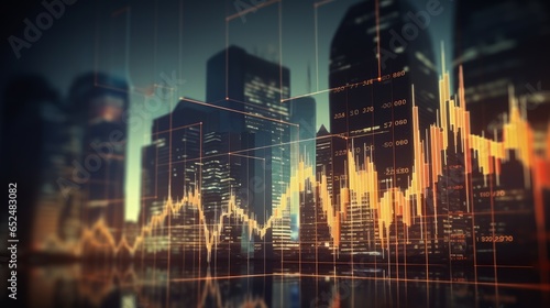 Stock market business concept with a financial chart, modern city in the background